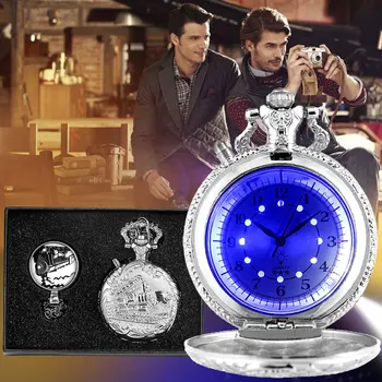 Джобни часовници за мъже, модни сребърен джобен часовник с led подсветка, колие, подаръчен комплект, калъф в стил ретро с влак, светещи кварцови часовници унисекс