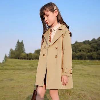 Дълги якета за момичета от 5 до 14 години, модни ветровка ярки цветове, есенно-пролетния детски тренч, детски връхни облекла с дължина до коляното, палта