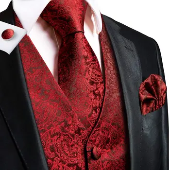 Елегантен червен копринен мъжка жилетка с носовым шал и запонками, жаккардовый жилетка без ръкави с цветен печат за сватба