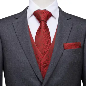 Елегантен червен копринен мъжка жилетка с носовым шал и запонками, жаккардовый жилетка без ръкави с цветен печат за сватба