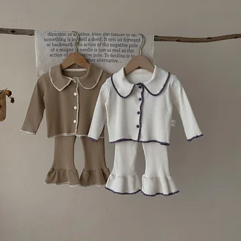 Есенни нови комплекти дрехи за малките момичета, памук вязаный жилетка в рубчик за деца, палто с дълги ръкави + разкроена панталони, 2 броя, детски дрехи за момичета