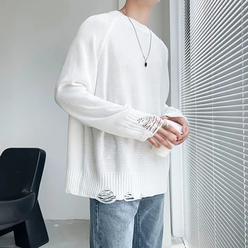Есенни нови обикновена бели пуловери с дълъг ръкав за мъже, облекло 2023, универсални ежедневни пуловери с кръгла воротом, пуловери от куха тел, Pull Homme