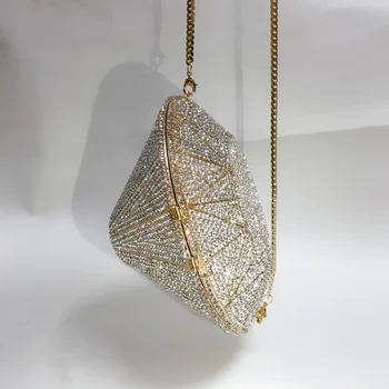 жена портфейл-клатч от ослепително на сребро във формата на диамант, дамски чанти с кристали, вечерна чанта за сватбени партита, метална Minaudiere за младоженци