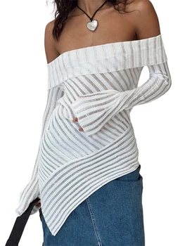 Жена Съкратен топ от рубчатого фланелка с отворени рамене, изрези и дълги ръкави - Модерен прозрачен тениска Y2K за стилна есен и