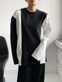 Женска Тениска Tannt, Нередовна Черно-Бели Тениски Оверсайз, Блузи с Дълги Ръкави, Асиметрия, Свободни Дълги Блузи, Дамски 2023