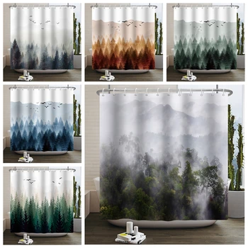 Завеси за душ в мъгла гора, естествени горски пейзажи, завеса за баня, водоустойчив екран за баня със защита от надзъртане 180x240