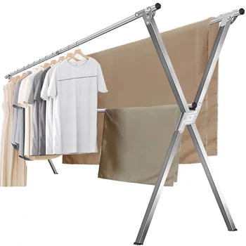 Закачалка за сушене на дрехи AEDILYS 79 инча, закачалка за сушене на дрехи от неръждаема стомана, сгъваема закачалка за сушене на дрехи в помещението - сребърен