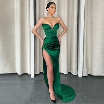 Зелени стилни сатенени рокли за абитуриентски бал в стил Русалка, гънки с цепка отстрани, дълги вечерни рокли, бельо секси вечерна рокля 2022