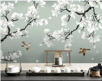 Изработена по поръчка стенопис 3d фотообои Магнолия, ръчно рисувани цветя и птици, начало декор, тапети за хола, 3D, на роли