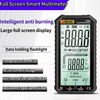 Интелигентен Цифров Мултицет на цял екран LCD дисплей 6000 Броя Автоматичен Диапазон NCV Интелигентен Мултицет Тестер Ac Постоянно Напрежение, Измерител на Капацитет