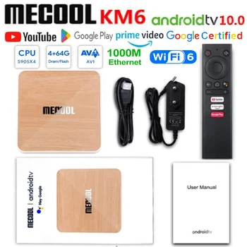 [Истински] Global MECOOL KM6 TV Box Wifi 6 AV1 Google Certified Android10 4G 64G Amlogic S905X4 1000M LAN БТ 5,0 смарт конзола