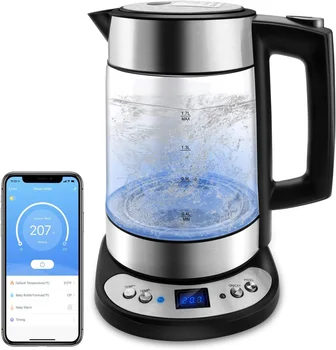 Кана за вода стъклен нагревател бойлер Подходящ за WIFI APP Алекса Google Home Помощник 1,7 л Отличен за приготвяне на кофечая мляко, когато се нагрее прекомерно