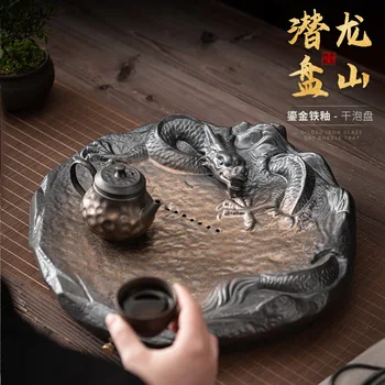 Керамични бамбуков поднос за чай в японски стил, позлата, желязна глазура, ретро-керамичен поднос за чай, чай масичка, тава за саксии, керамичен поднос за чай