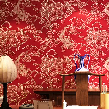 Китайски червени тапети с дизайн на дракон, китайски стил, класически Дзен, чайна, ресторант, декорация на малък ресторант, тапети за десктоп