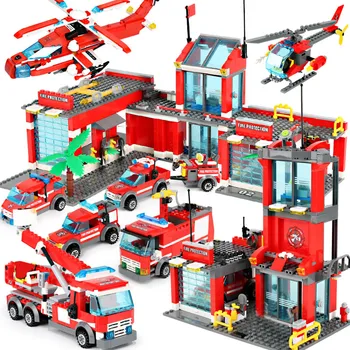 Класически пожарни камиони, автомобил, хеликоптер, лодка, строителни блокове, градски пожарникар, фигурки на пожарникари, тухли, играчки за детски подаръци