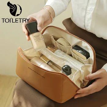 Козметични чанти за жени, елегантна косметичка от изкуствена кожа, органайзер за тоалетни принадлежности, чанта за съхранение, корейската ръчна чанта за грим