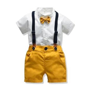 Комплект дрехи за малки момчета, летен костюм за деца, бяла риза с папийонка + шорти на подтяжках, официално облекло за новородени момчета