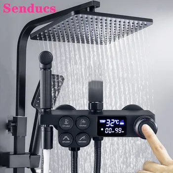 Комплект за душ в банята Senducs, цифров душ система от черен бронз, 10-инчов накрайник за душ, черно термостатичен смесител за душ, комплект