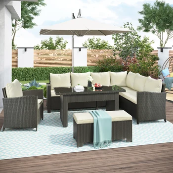 Комплект мебели за двор, определени за разговори на открито от 6 теми, маса за хранене, стол с пейка и възглавници