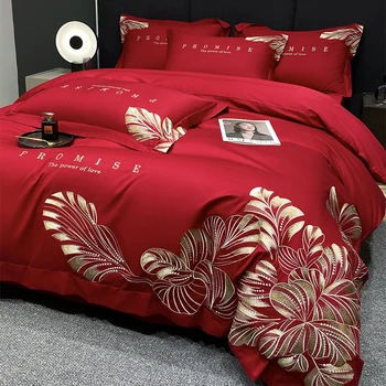 Комплект спално бельо с бродерии от златни листа, Луксозно червено одеяло от египетски памук, чаршаф, Калъфки за възглавници, домашен текстил, Размер King Queen
