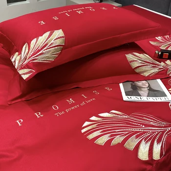 Комплект спално бельо с бродерии от златни листа, Луксозно червено одеяло от египетски памук, чаршаф, Калъфки за възглавници, домашен текстил, Размер King Queen