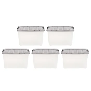 Кутия за съхранение на Stack & Pull™ от прозрачна пластмаса с капацитет 40 литра, сив, комплект от 5 пластмасови кутии