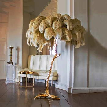 Лампиона от страусиных пера в скандинавски стил, led лампиона от пера, стоящ осветителни тела от смола, медни и за хола, етаж лампа за спални, Деко-осветление