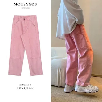 Летни розови дънки, мъжки модни дънки-карго джобове в ретро стил, мъжка проститутка, облекла в стил хип-хоп, свободни преки дънкови панталони, мъжки панталони S-3XL