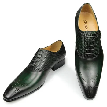 Луксозни мъжки Бизнес обувки от естествена кожа, Модерен Сватбени Oxfords дантела с остри пръсти, Черни, Зелени, Кафе на Модела обувки-броги