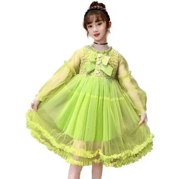 Лятна рокля за момичета, елегантни зелени мрежести рокли с волани за малки деца, рокли на принцеси за рожден ден, висококачествена и детски дрехи, хит на продажбите, костюми