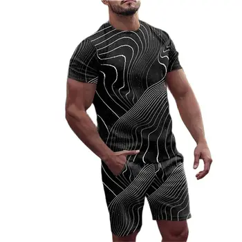 Лятна тениска 2023, мъжки ежедневни костюм прост вид, мъжка фланелка с къс ръкав + шорти, комплект от 2 теми с 3D-принтом, градинска облекло оверсайз