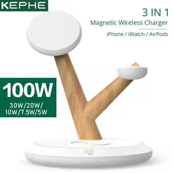 Магнитно Безжично Зарядно Устройство с мощност 100 W, Поставка 4 в 1 за iPhone15 14 13 12Pro Max, Безжично зарядно устройство за Apple Watch 7 6/Airpods 3