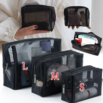 Мрежести, прозрачни козметични чанти 3 размера на Малка голяма черна косметичка Преносим пътен органайзер за тоалетни принадлежности Чанта за съхранение на червило