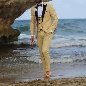 Мъжки костюми Летни Плажни Сватба На Поръчка Двубортный Жилетка Черен С Ревери Смокинги за Младоженеца Terno Masculino Блейзър от 3 теми