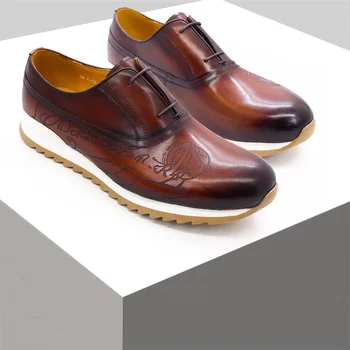 Мъжки обувки от естествена кожа, удобни маратонки, дантела, кожа ръчно изработени обувки с лазер модел, модельная мъжки обувки за срещи и спринт