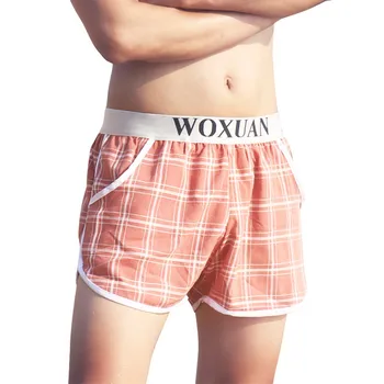 Мъжки памучни боксерки, секси бельо със средна талия, карирани дишаща вграден U-образна калъф, гащи за гейове, мъжки бикини, къси панталони за торса