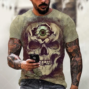 Мъжки реколта риза с 3D череп, мъжка тениска с къс ръкав, риза с 3D принтом - мъжки тениска с черепа