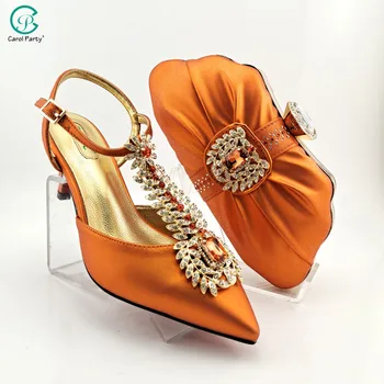 Най-новият италиански дизайн, модни дамски комплекти булчински обувки и чанти в африканския стил оранжев цвят за кралската партита