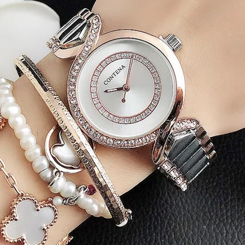 Нов дамски ръчен часовник нова мода часовници Дамски часовници с кристалалми и диаманти от неръждаема стомана, Сребърни часовници Montre Femme2023