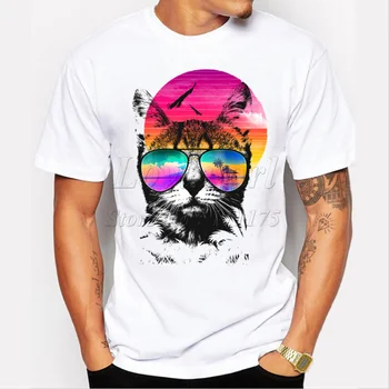 Новост 2015, мъжки модни лятна тениска с къс ръкав и принтом котка, забавни тениски в стил харадзюку, хипстерские стръмни върхове с кръгло деколте