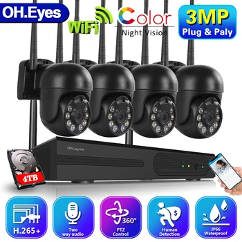 О.eyes PTZ 4CH 3MP Безжична Система за видео наблюдение 4CH Wifi NVR Комплект Външно Цветно Нощно Виждане Комплект за видеонаблюдение 2MP