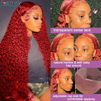 Перука с дълбока вълна от 13x4, оцветени в червен цвят, перуки, изработени от човешка коса на дантели, прозрачен 99J бордо, къдрава перука от човешка коса 180%