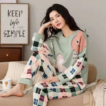 Пижами, изработени от чист памук, 5XL дамски пролетни и есенни модели, домашно обслужване с дълъг ръкав, женски прост свободен всекидневен костюм голям размер