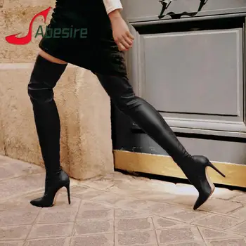 Пикантен Дамски Еластични обувки на тънък ток, с остри пръсти, Модни ботуши над Коляното, по-Големи размери, Дамски обувки за нощен клуб и парти