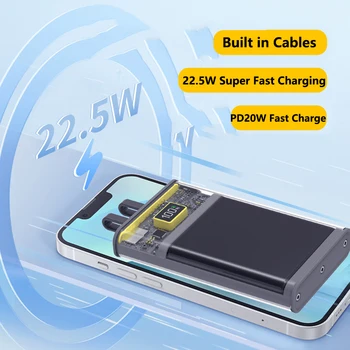 Прозрачен захранване 20000 ма с кабел PD USB Type C 22,5 W за Бързо зареждане на iPhone 13 Huawei Samsung Xiaomi Mini Powerbank