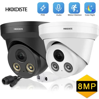 Пълноцветен камера за сигурност за нощно виждане POE 4K външна водоустойчив таван IP куполна камера за видеонаблюдение 8MP аудио комплект за видеонаблюдение