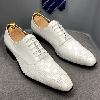 Размери от 6 до 13, класически италиански мъжки оксфордские обувки от естествена кожа, бели обувки дантела с остри пръсти за сватбени партита, вечерни обувки за мъже