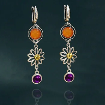 Ретро метален набор от оранжево-лилави обеци с камъни, обеци с цветя от антични сребро, дамски бижута