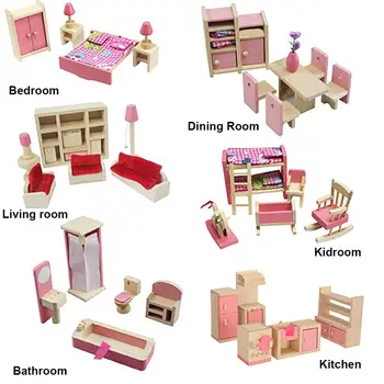 Розова Куклена Къща Комплект Мебели Играчка Мащаб 1:12 Игри Къща За Кукли На Дървени Мебели, Дървени Аксесоари Миниатюрни Мебели Кукла