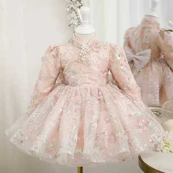 Розово дантелено бебешка рокля с пайети на първия рожден ден с дълъг ръкав за новородено момичета, рокли за кръщенета, коледно парти, детско официално облекло